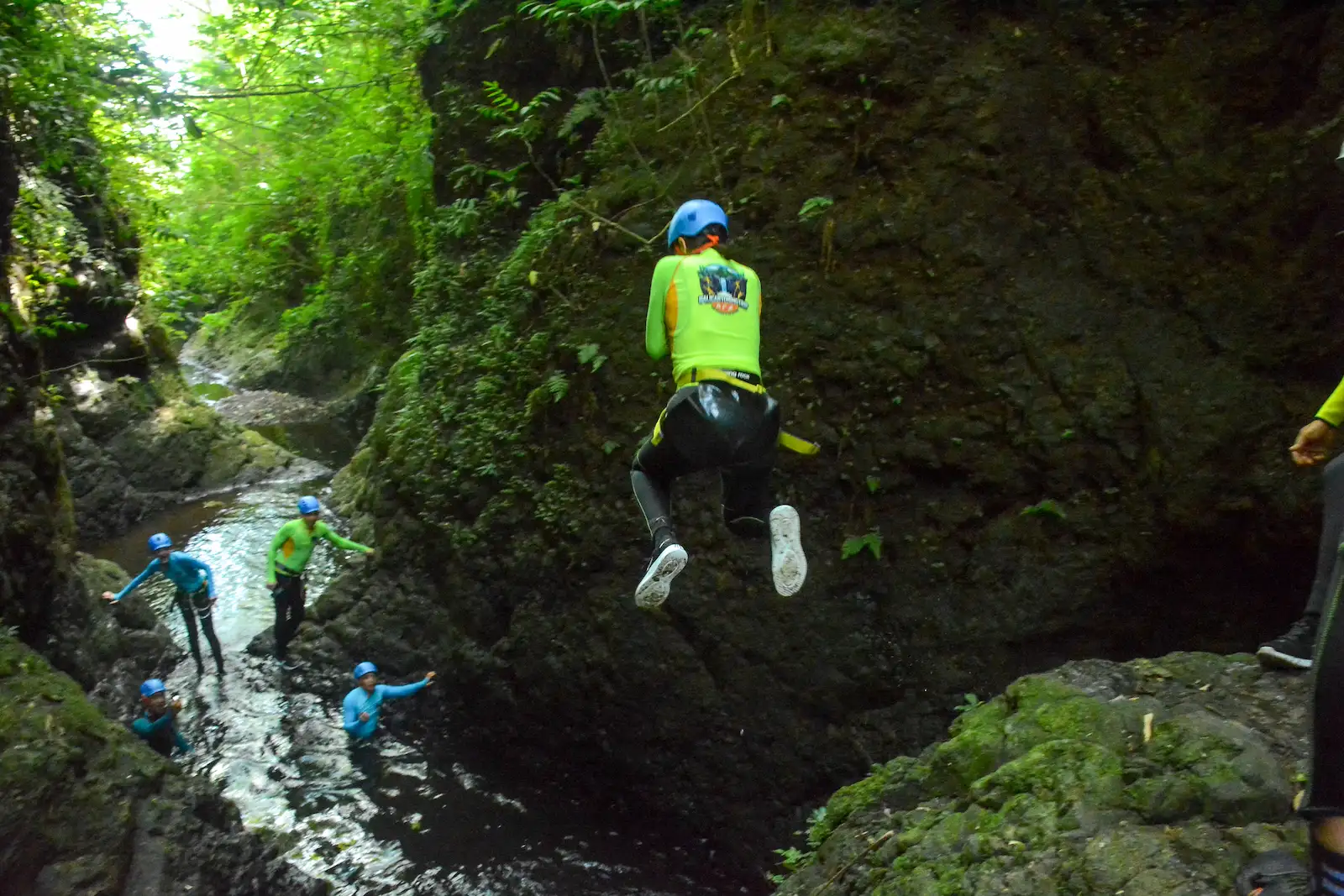 Guest taking an optional jump into the water