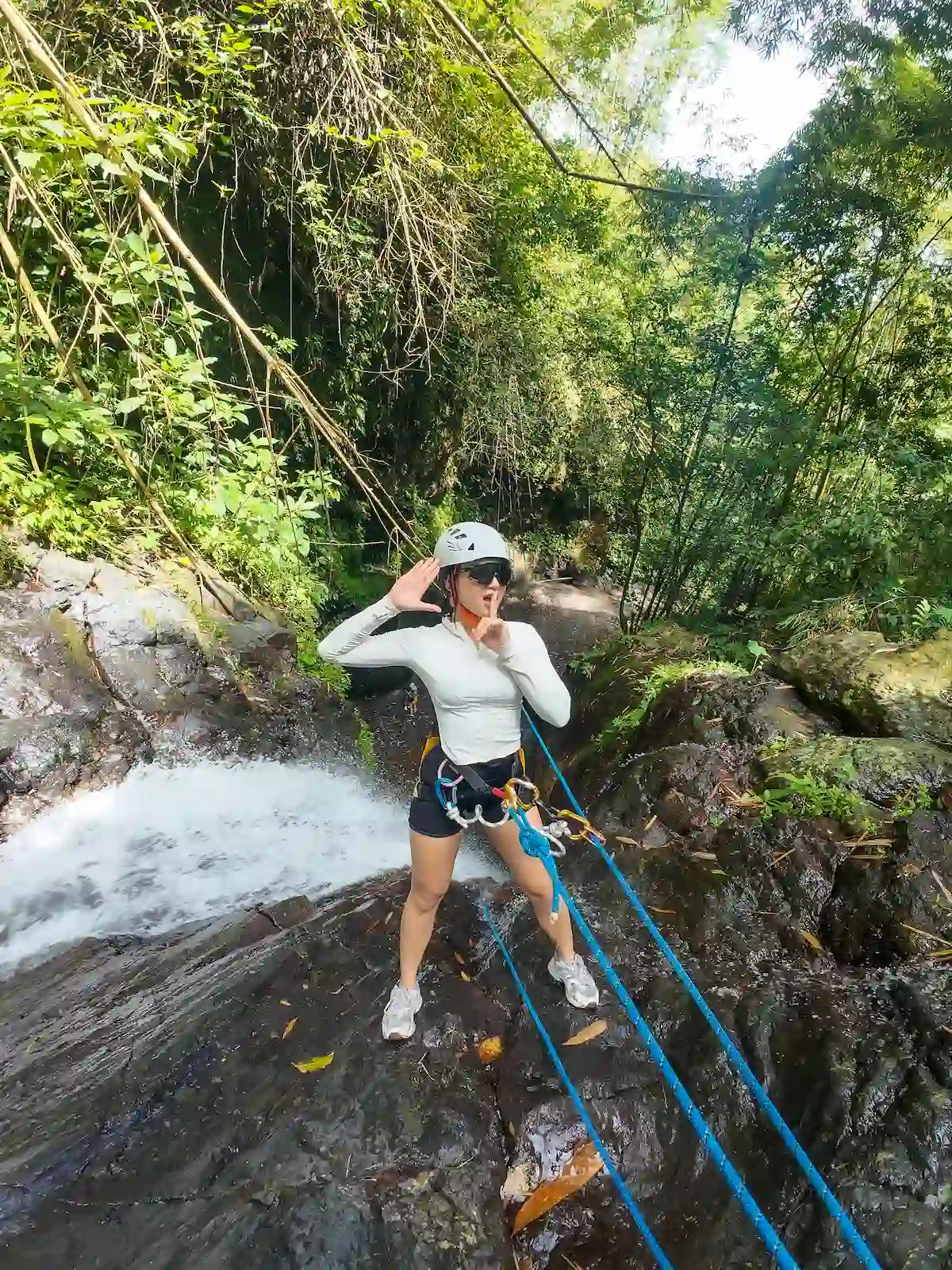 First-time guest trying Mini Canyoneering at the waterfall